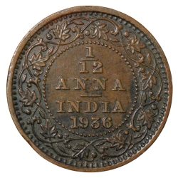 Alternative view of Bronze 1/12 Anna of George V (AD 1936) of Calcutta Mint Beautiful Grade