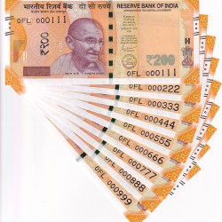 India New 200 Rupees 000111 to 000999 Fancy Numbers 9 Unc Notes Set