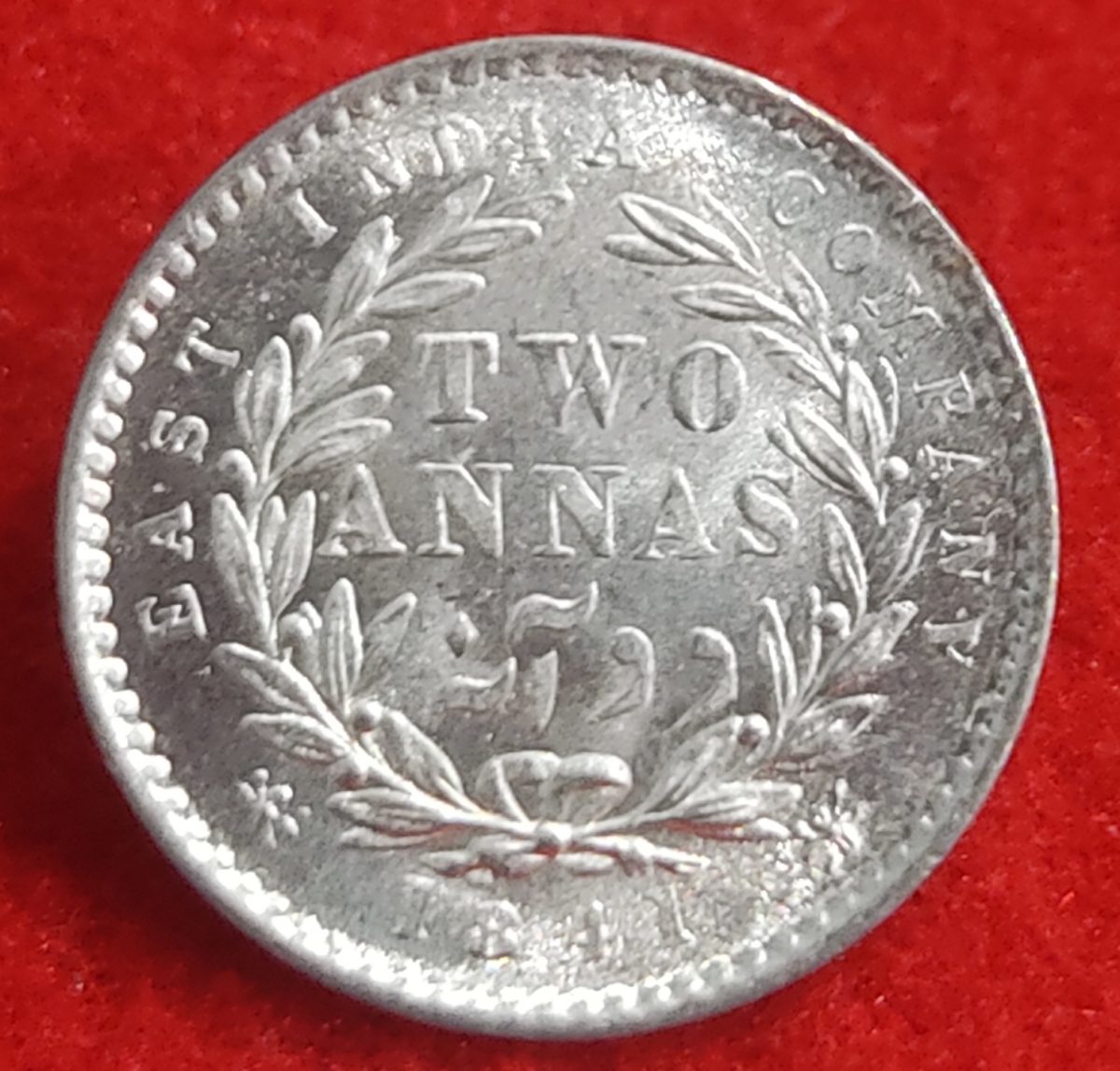 EXTREMELY RARE SILVER TWO ANNA VICTORIA QUEEN DIVIDED LEGEND 1841 WEIGHT 1.46 GMS BRILLIANT UNCIRCULATED (BU) CONDITION