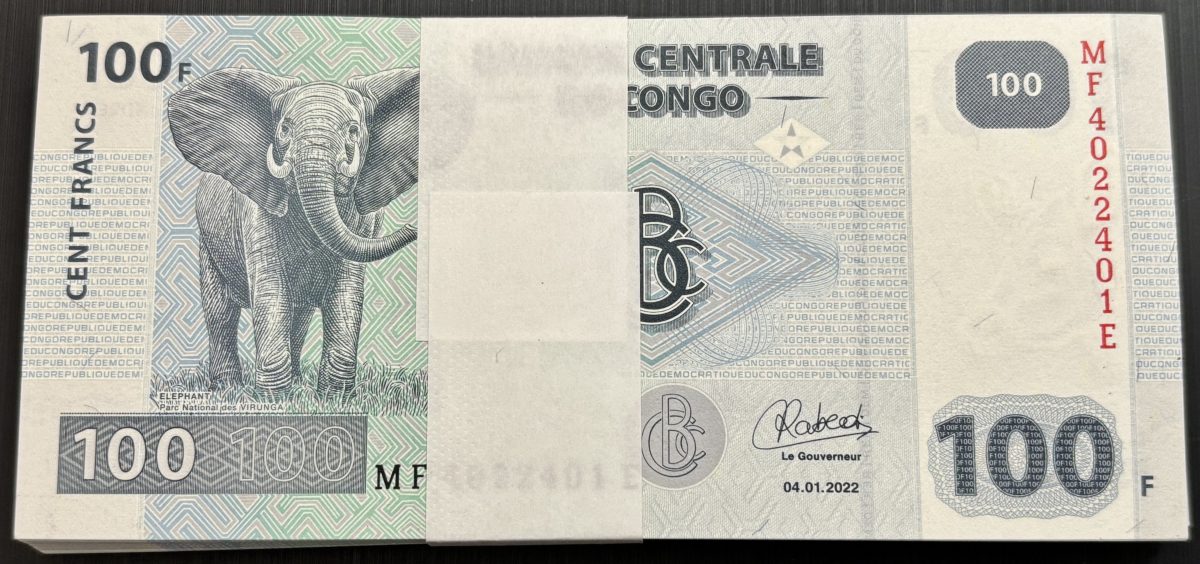 Republic of Congo 100 Francs Big Elephant Serial Wise Bundle 100 New Fresh Notes