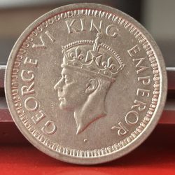 Alternative view of 1945 One Rupee of George V King Bombay Mint Half Silver 11.66 Gram British India Coin in Top Extremely Fine Grade