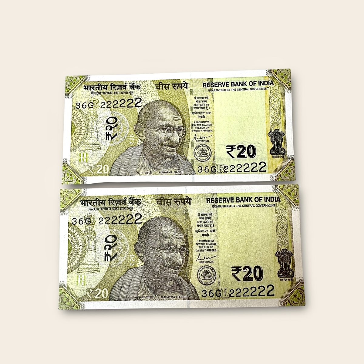 Rs 20 India Banknote Twin Pair Set GEM UNC 36G 222222 Unique and Rare