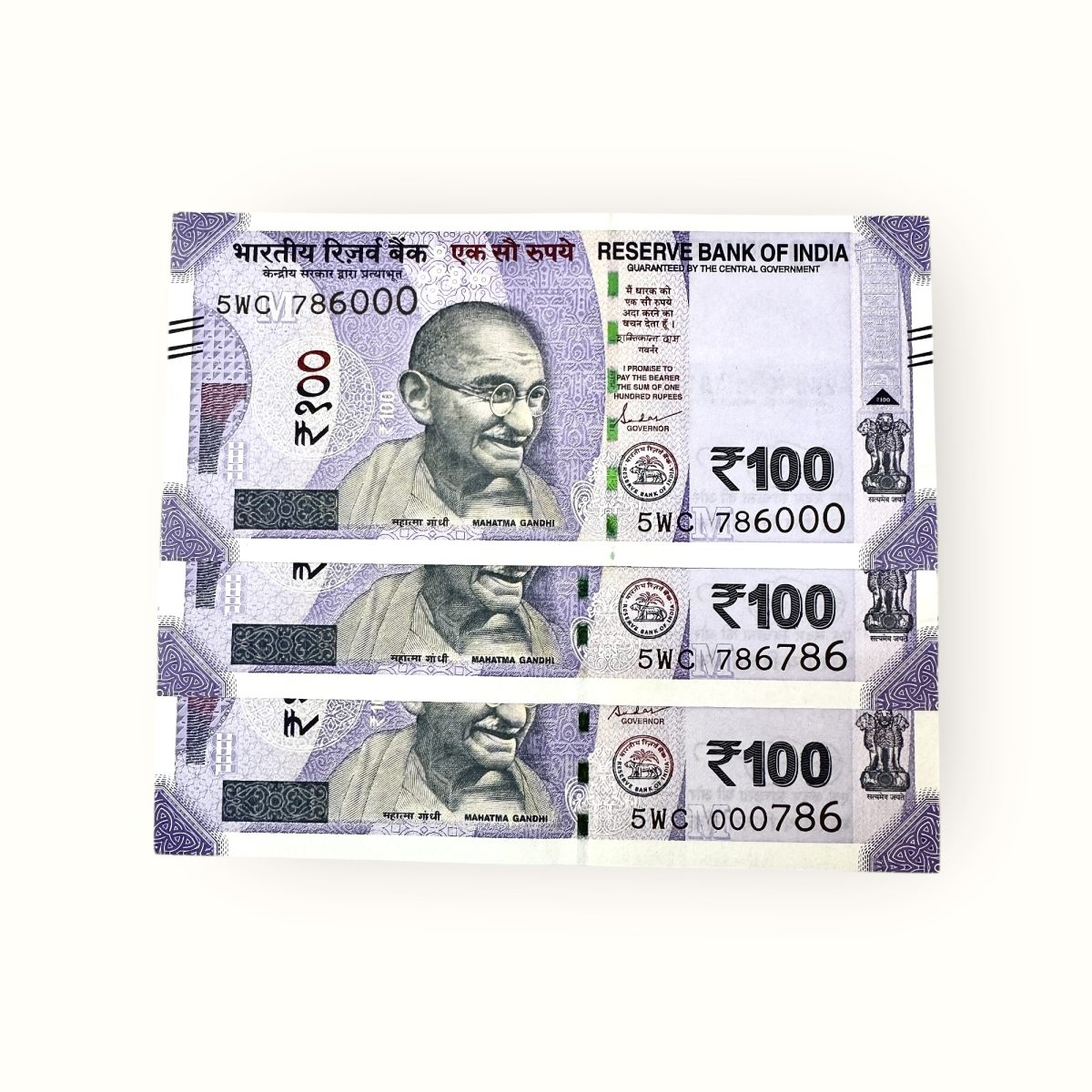 Rs 100 India Banknote Same Prefix Extreme Rare Issue Holy Number 5WC 786000 786786 And 000786 Gem Unc Unique and Rare