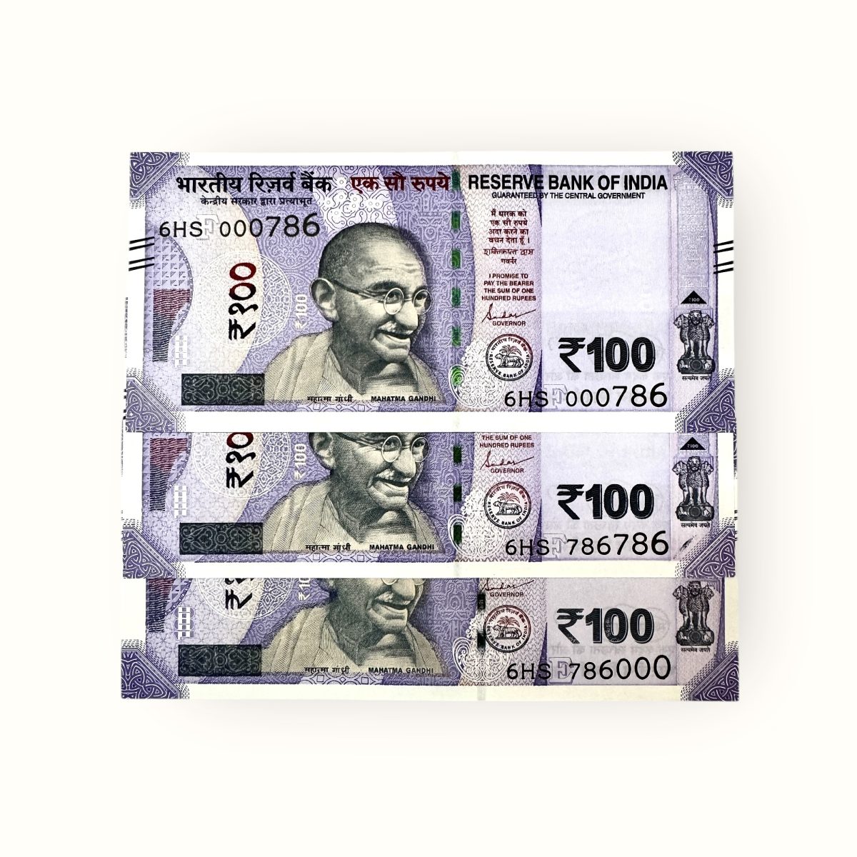 Rs 100 India Banknote Same Prefix Extreme Rare Issue Holy Number 6HS 786000 786786 And 000786 Gem Unc Unique and Rare