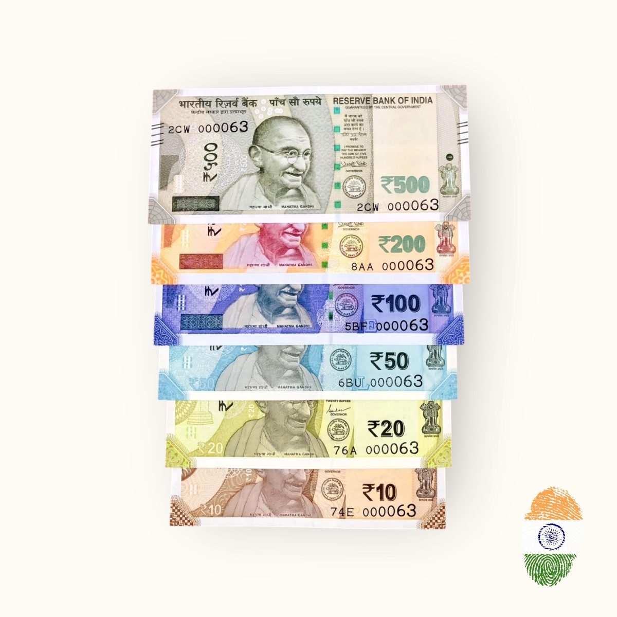 Rs 10 to 500 India Banknote Solid Fancy Set 000063 Gem Unc Unique Collection Rare