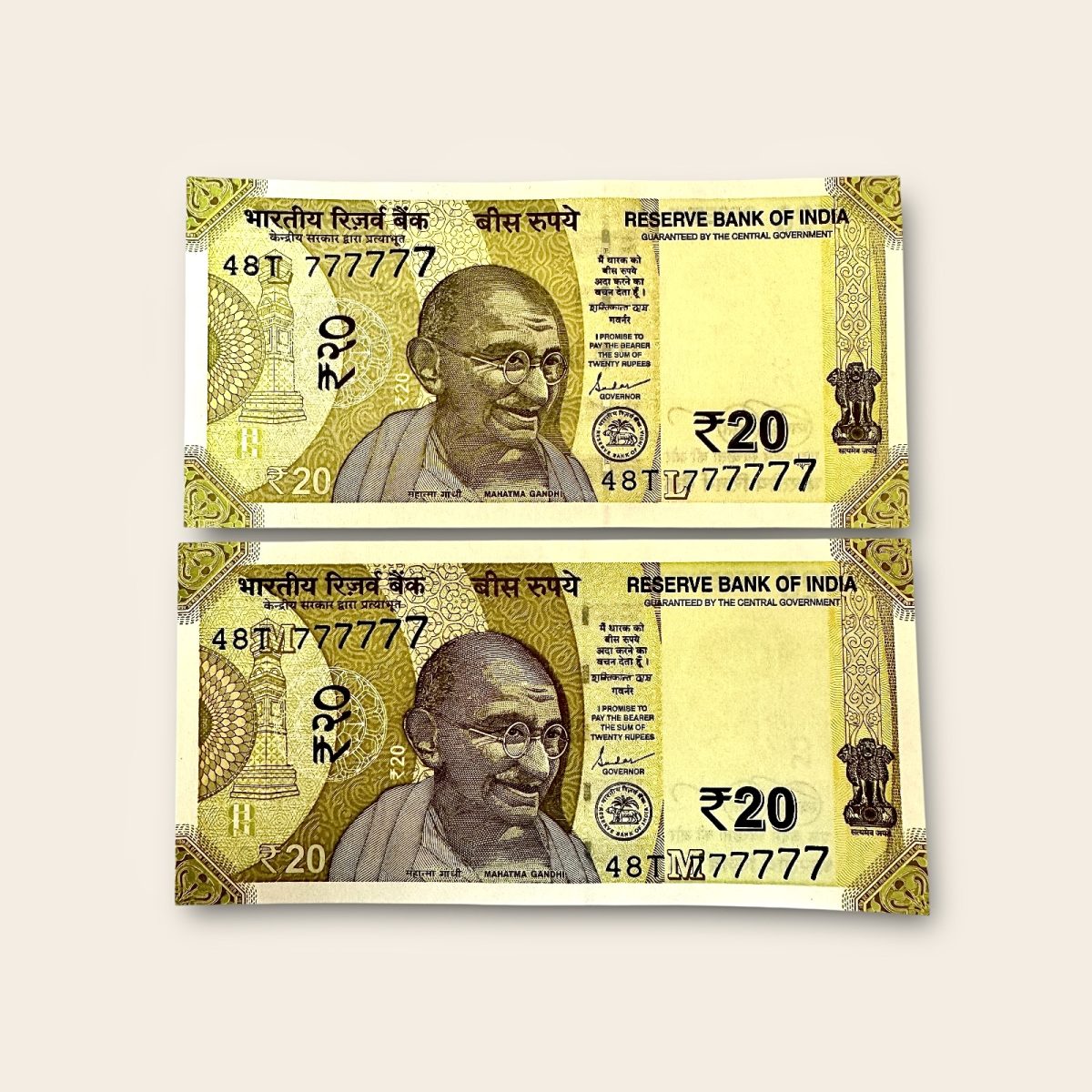 Rs 20 India Banknote Twin Pair Set GEM UNC 48T 777777 Unique and Rare