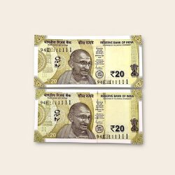 Rs 20 India Banknote Twin Pair Set GEM UNC 94E 111111 Unique and Rare