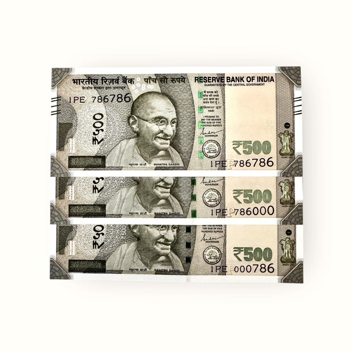 Rs 500 India Banknote Same Prefix Extreme Rare Issue Holy Number 1PE 786000 786786 And 000786 Gem Unc Unique and Rare