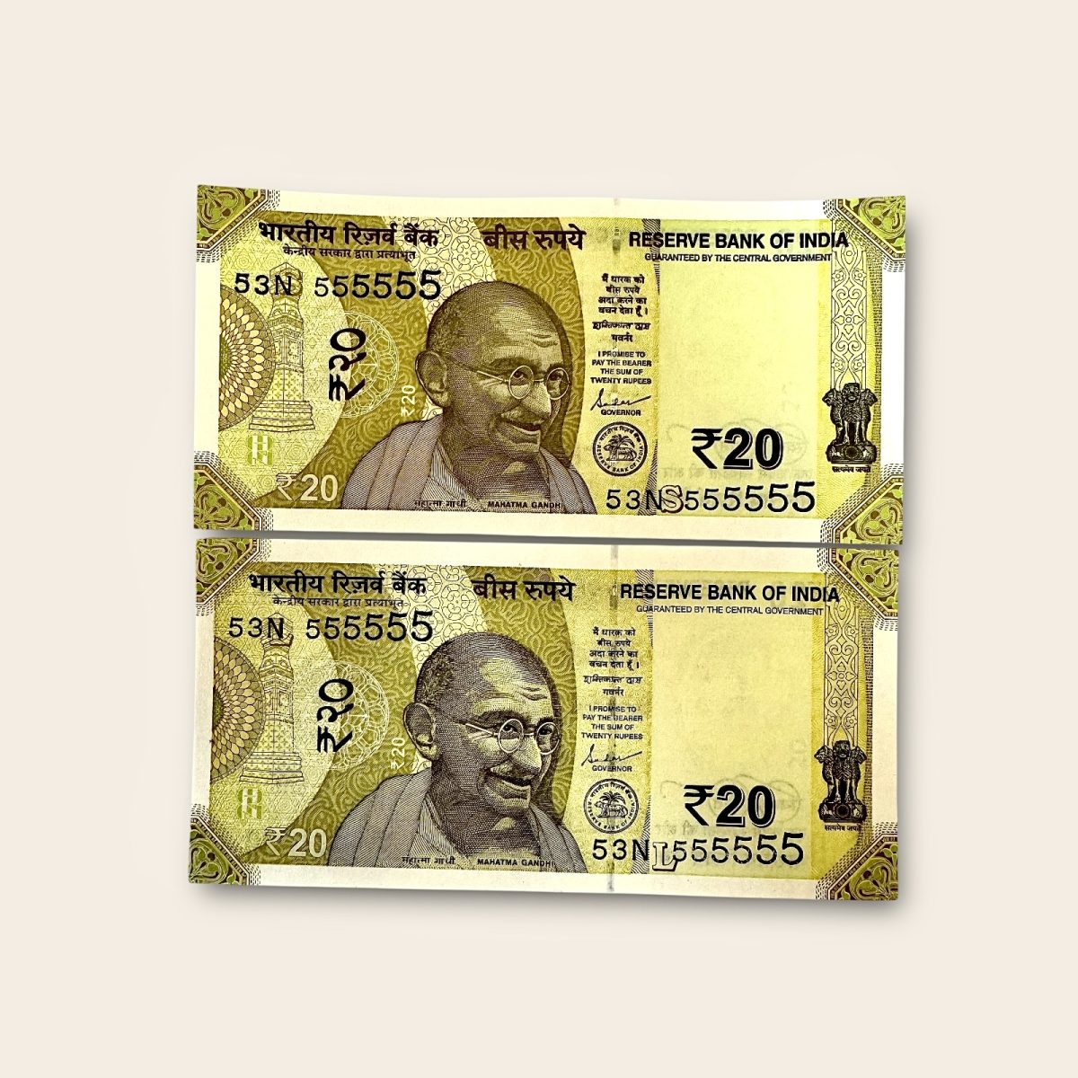 Rs 20 India Banknote Twin Pair Set GEM UNC 53N 555555 Unique and Rare