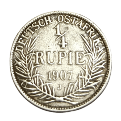 GERMAN EAST AFRICA Silver 1/4 Rupee Year 1907 King WILLIAM-II "GUILELMUS-II IMPERATOR" **V. RARE** Collectable Grade.