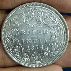 1874 One Rupees Victoria British India High Grade Silver Extremely Rare Coin #A-76