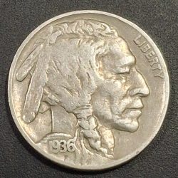United States 5 Cents 1936 "Buffalo Nickel" flat ground rare lowest price coin #L-672