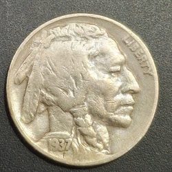 United States 5 Cents 1937 "Buffalo Nickel" flat ground rare lowest price coin #L-674