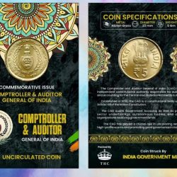 5 Rs. COMPTROLLER & AUDITOR rare Commemorative Coin Card Special Edition
