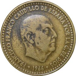 Old Brass 1 Peseta of Spain Country (AD 1966) Francisco Franco