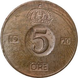Alternative view of Bronze 5 Ore of Gustaf VI (AD 1970) of Sweden