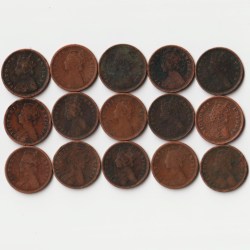 Alternative view of Rare 15 Coins Set of 1/12 Anna 1862 to 1901 Copper Coins of Victoria Queen British India Coinage