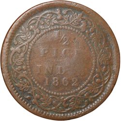 Alternative view of Copper 1/2 Pice of Victoria Queen (AD 1862) of Calcutta Mint