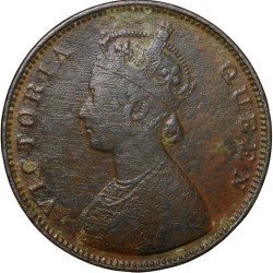 Copper 1/2 Anna of Victoria Queen (AD 1862) of Madras Mint Bust Type A Slanting Top 1 (PR # 577) Rare