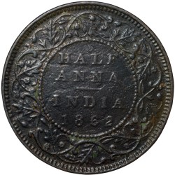 Alternative view of Copper 1/2 Anna of Victoria Queen (AD 1862) of Madras Mint Bust Type A Slanting Top 1 (PR # 577) Rare