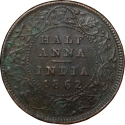 Alternative view of Copper 1/2 Anna of Victoria Queen (AD 1862) of Madras Mint Bust Type A Slanting Top 1 (PR # 577) Rare