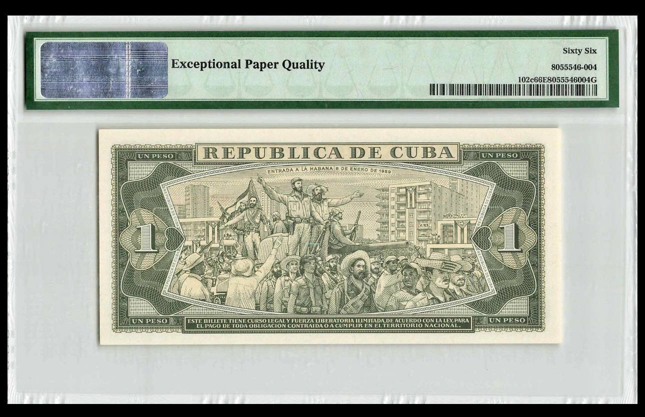PMG Graded EPQ 66 World Bank Note Cuba 1 UN PESO Issue Very Unique and Rare Very Famous EMO Collection - Image 2