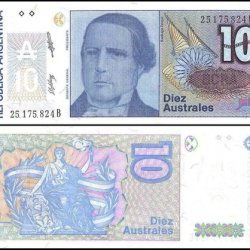 Argentina 10 Australes World Banknote features Santiago Derqui UNC Unique and rare