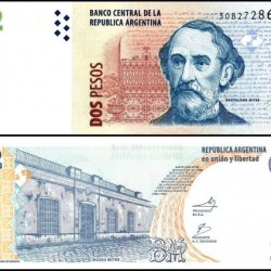 Argentina 2 Pesos World banknote features Lieutenant General Bartolome Miter UNC Unique and rare