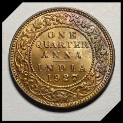 Alternative view of George V King Emperor One Quarter Anna 1927 Bombay Mint Unc Condition Coin 1 Pcs Given British of India