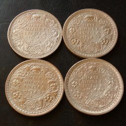 Alternative view of KING👑👑👑GEORGE Vl 4. DIFFERENT years YEARS- 1/2. ₹ DATES DETAILS:- 1941/42/43/44 / WEIGHT 6 GM EACH ORIGINAL GAUARANTEE EXCELLENT CONDITION. Same and similar piece available