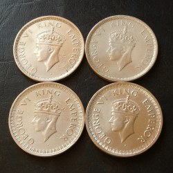 KING👑👑👑GEORGE Vl 4. DIFFERENT years YEARS- 1/2. ₹ DATES DETAILS:- 1941/42/43/44 / WEIGHT 6 GM EACH ORIGINAL GAUARANTEE EXCELLENT CONDITION. Same and similar piece available