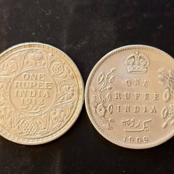 Alternative view of Silver British India Set of two pieces of 2 different year king and emperor George v King and emperor Edward VII Denominaton 1 ₹ Year 1912 -1909 Excellent condition Same and similar piece available