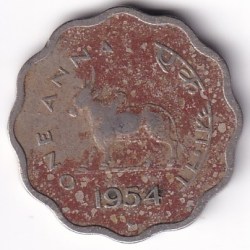 One anna 1954 bombay mint bull nickel coin