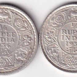 George V 1/4 Rupee 1936 Silver British India Bombay and Calcutta Mint Two Coins Set