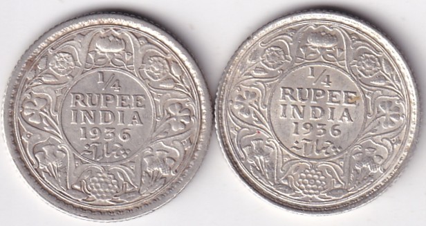 George V 1/4 Rupee 1936 Silver British India Bombay and Calcutta Mint Two Coins Set