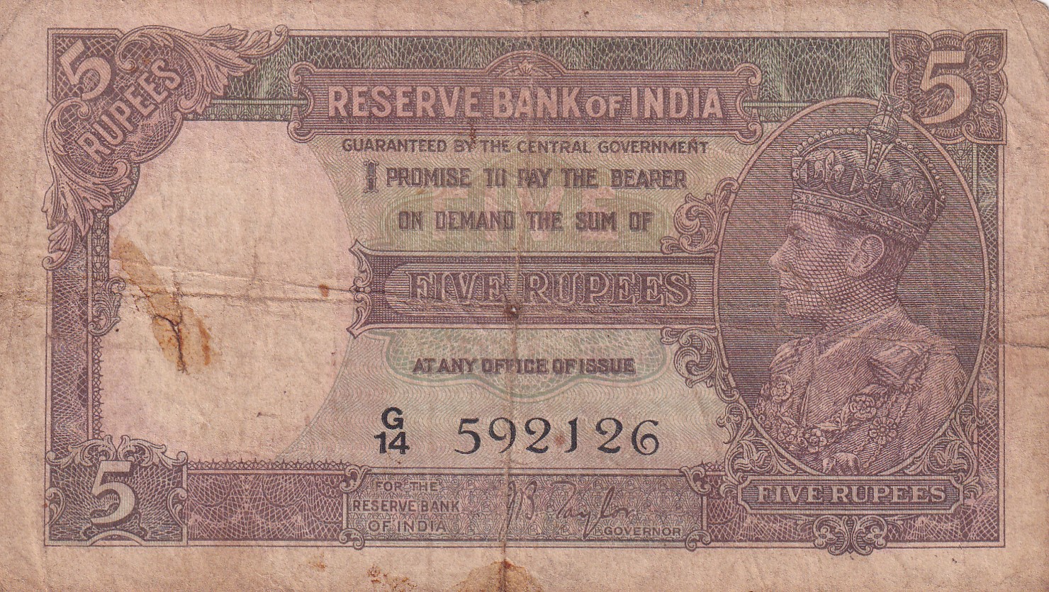 5 RUPEES GEORGE VI GOVERNOR J.B.TAYLOR BUYER WILL RECEIVE SAME CONDITION NOTE AS PER IMAGE