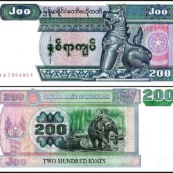 Myanmar 200 Kyats and features a squatting chinthe World banknote UNC Unique and rare