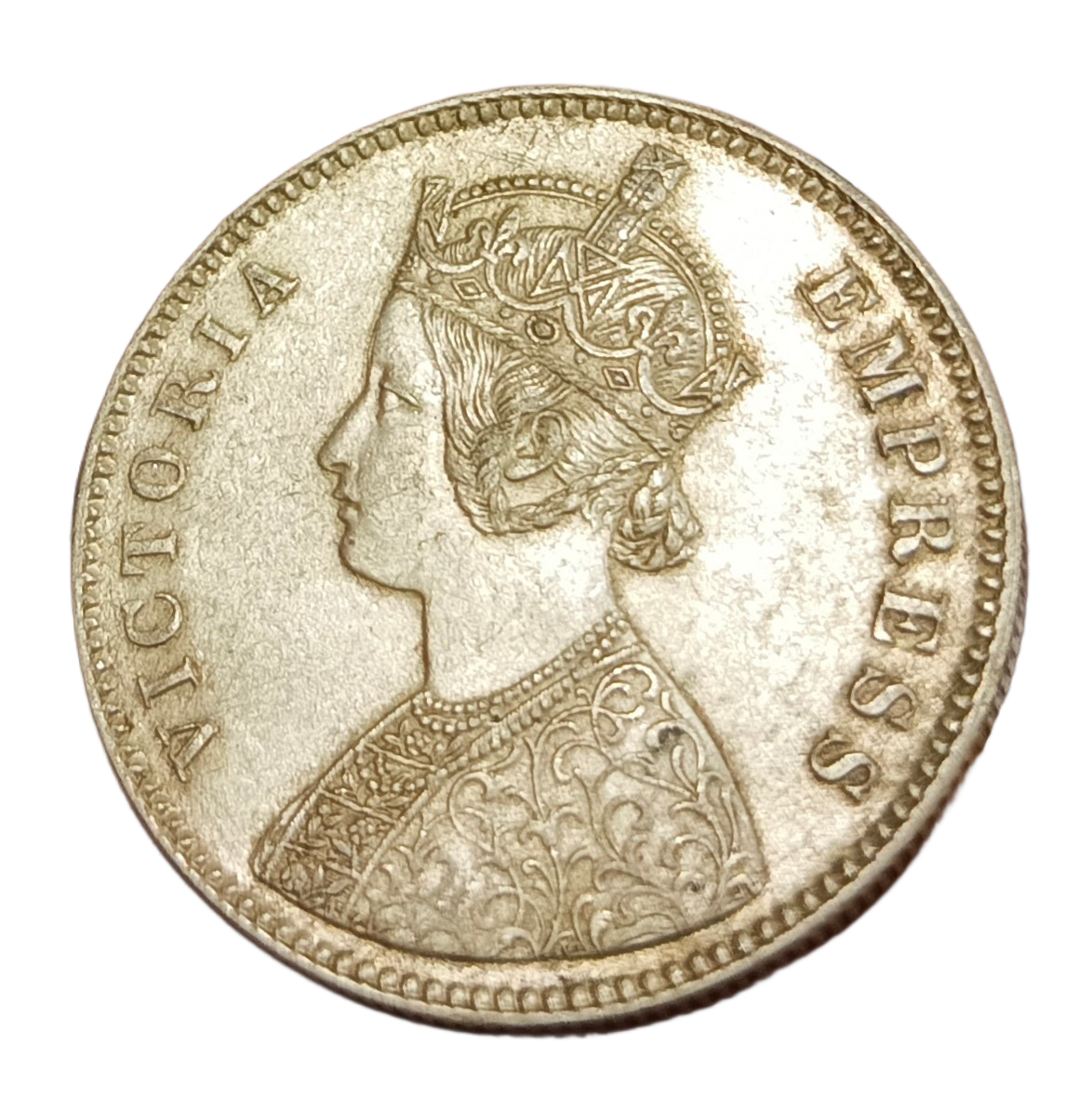 British India Silver Rupee Year 1885 VICTORIA EMPRESS **RARE** High Collectable AUNC Grade. (Copy) - Image 2