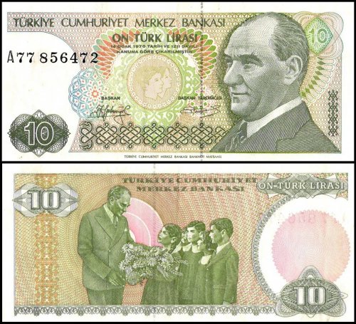 Turkey 10 Lira features Mustafa Kemal Ataturk has an A-prefix World Banknote UNC Unique and rare
