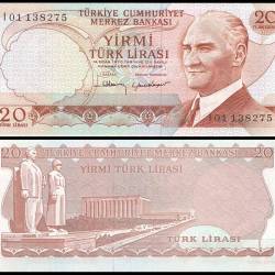 Turkey 20 Lira World Banknote L 1970 (1974 ND) P187a 3 UNC Prefix I Unique and Rare