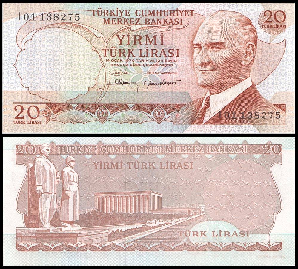 Turkey 20 Lira World Banknote L 1970 (1974 ND) P187a 3 UNC Prefix I Unique and Rare