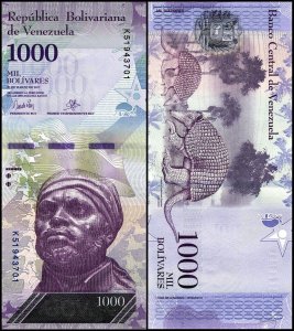 Venezuela 1,000 Bolivar Fuerte from 2017 and features Pedro Camejo World Banknote UNC Unique and rare