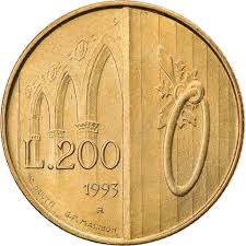 San Marino, 1993, 200 Lire, KM #300, The Gates of San Marino, Fine Condition.