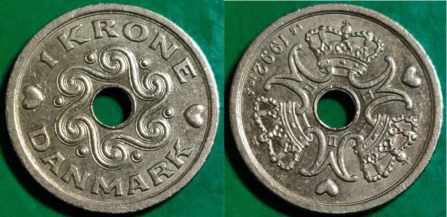 Denmark, 1 Krone, 1992-2023, KM #873.1, AUNC Condition.