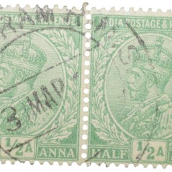 Postal Stamp of George V 1/2 Anna Green Clour - Block of 2 Stamps - Used Condition as per image.
