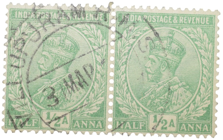 Postal Stamp of George V 1/2 Anna Green Clour - Block of 2 Stamps - Used Condition as per image.