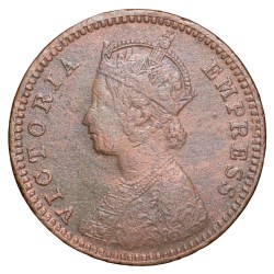 Victoria Empress, (AD 1892), Copper 1/12 Anna, Calcutta Mint, Bust Type B, Inverted small 'V' at the bottom center of the bust, 2.24 Gms, 15.82 mm, (KM# 483) Abou fine, Scarce.