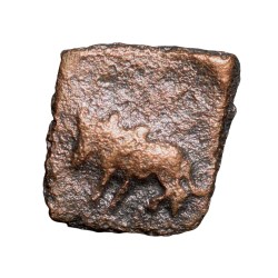 Copper Coin of Maharathis of Andhra(2nd Cen. BC) with Bull walking left/Yupa in Railing