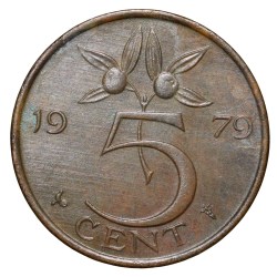 Alternative view of Bronze 5 Cents of Junliana Koningin (AD 1979) from Nederland