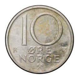 Alternative view of Copper-Nickel 10 Ore of Olav V (AD 1987) of Norway with Crowned monogram of Olav V